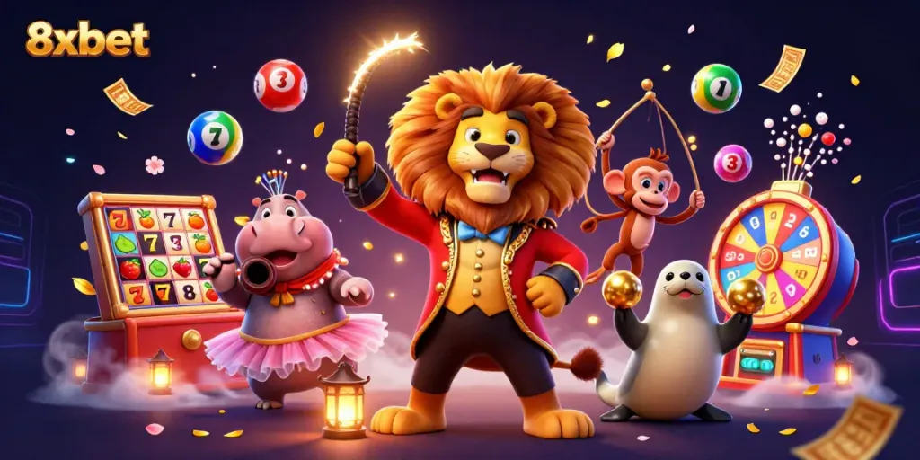 Experience 8xbet's vibrant casino environment with colorful slot reels, lively characters, and game elements.