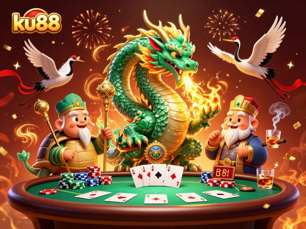 Join the action at ku88 with a lively casino scene featuring a jade dragon and vibrant poker elements.