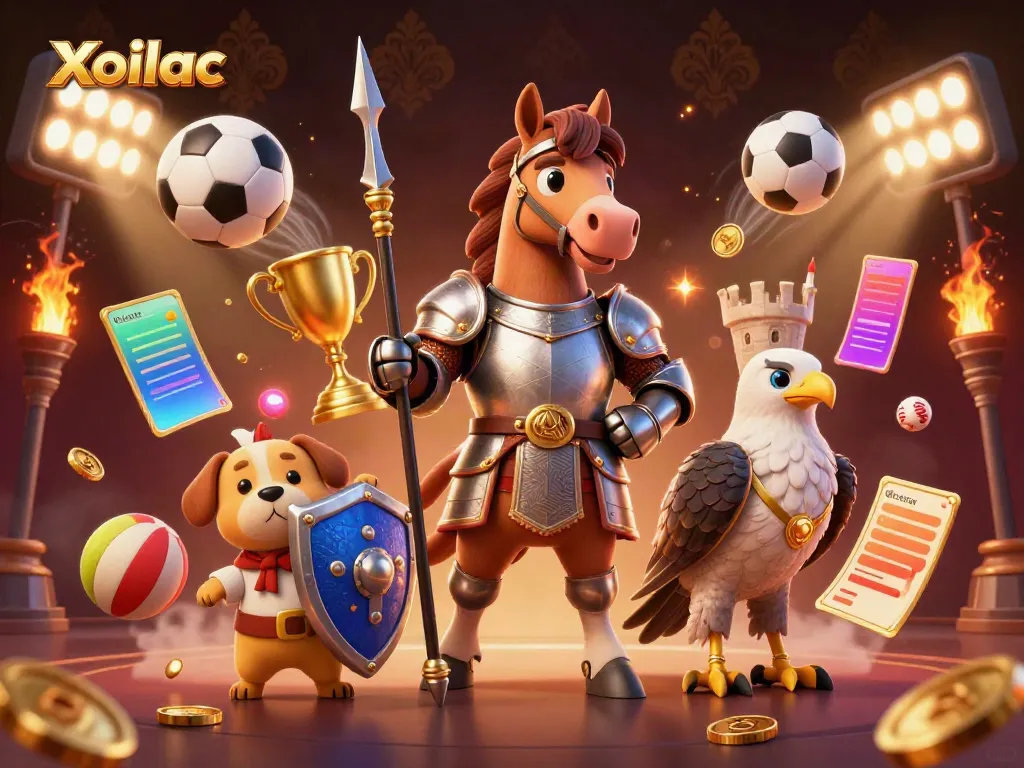 Xoilac sports betting scene with a knight, puppy, and falcon amidst dynamic game elements.